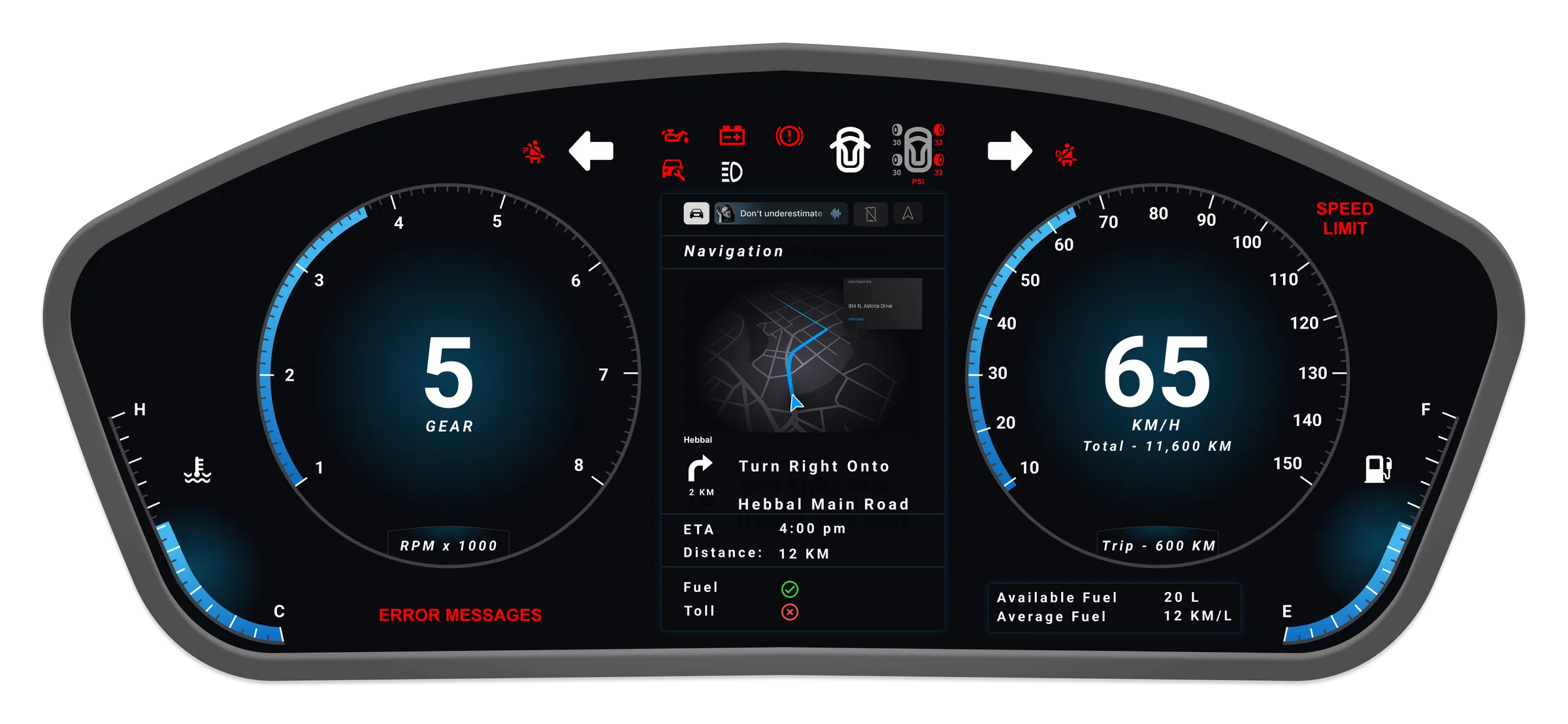 High-fidelity HMI instrument cluster with speed, RPM, navigation and fuel