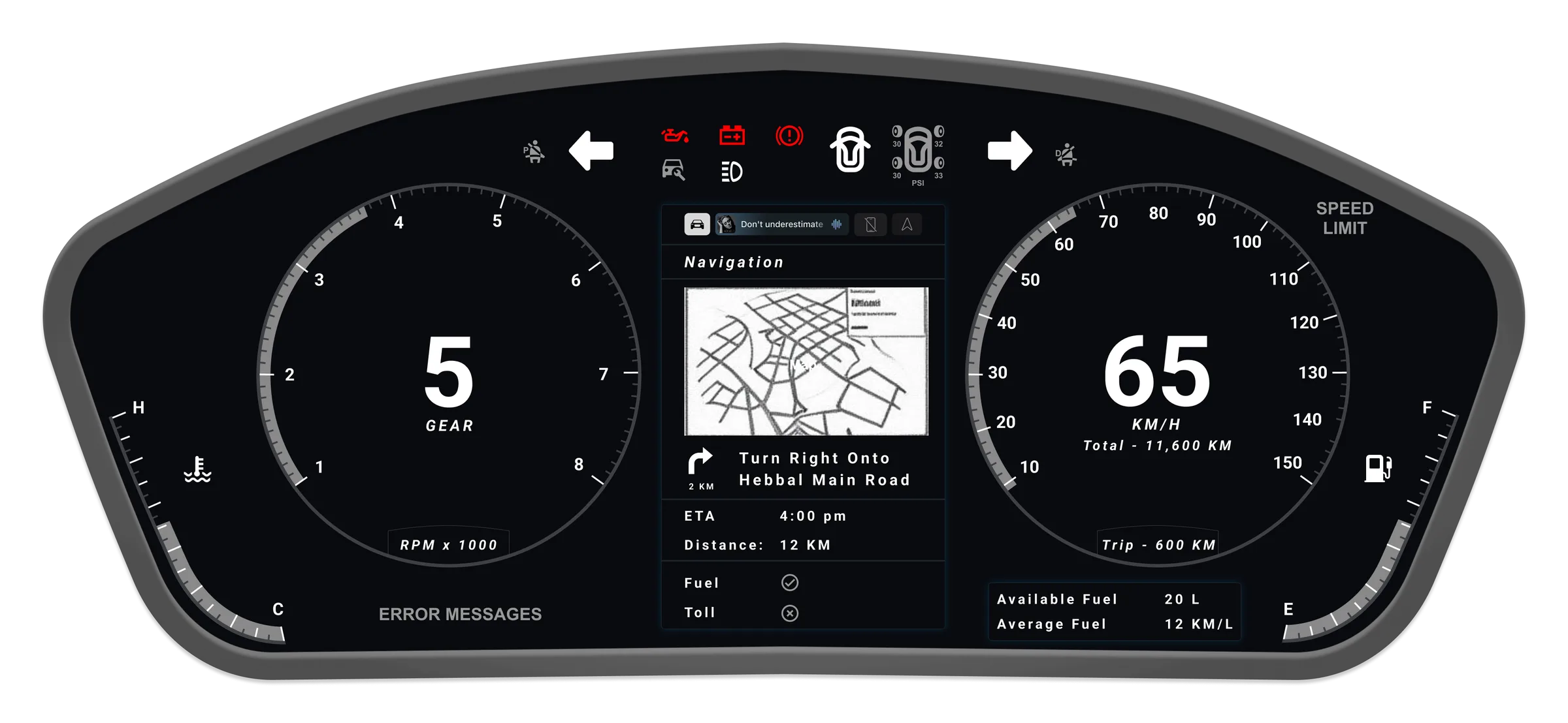 Greyscale wireframe of the HMI instrument cluster