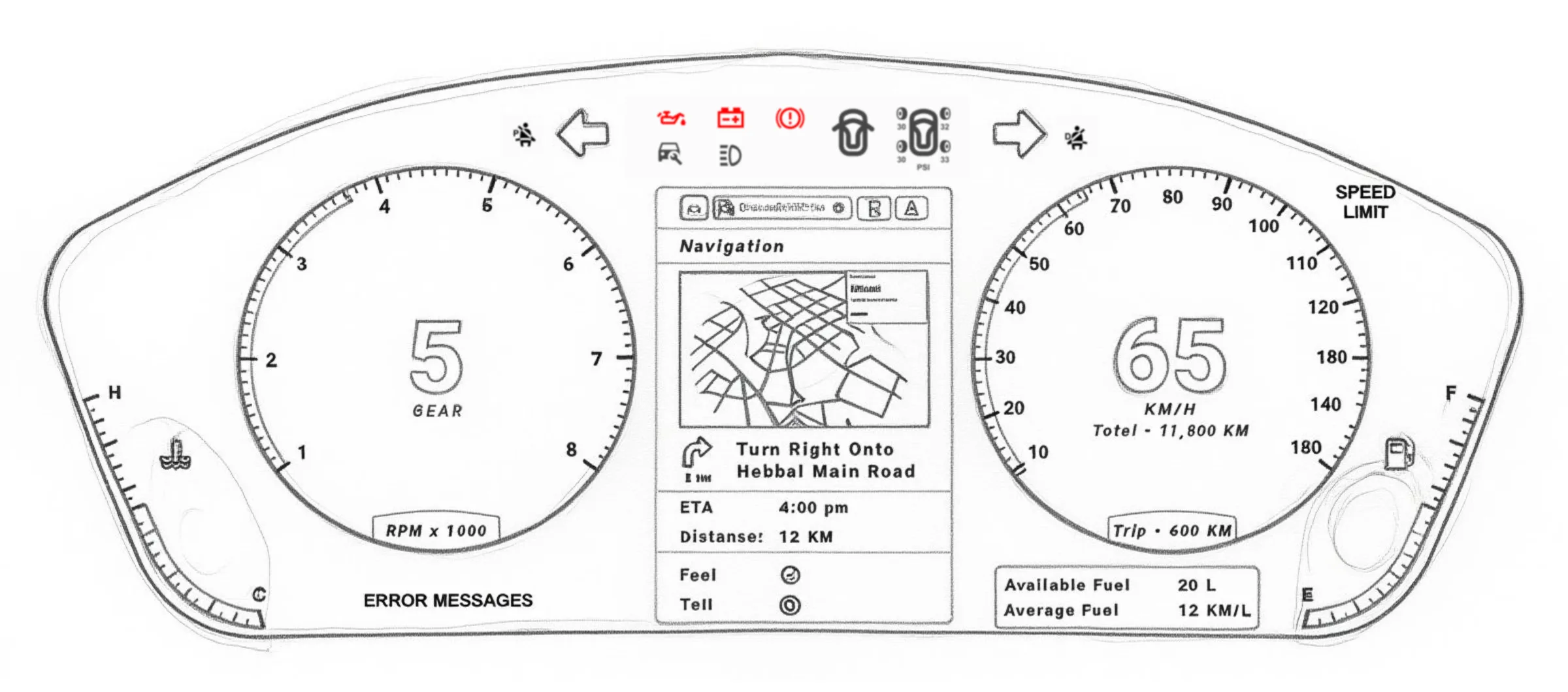 Hand-drawn sketch of the HMI instrument cluster