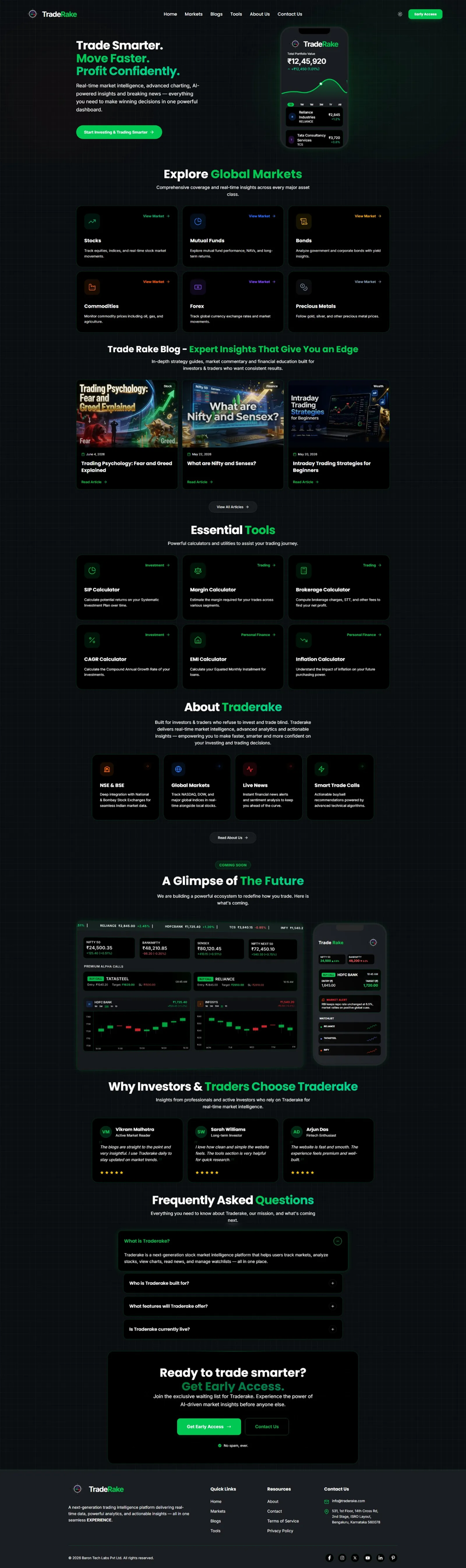 TradeRake home page, from hero to footer