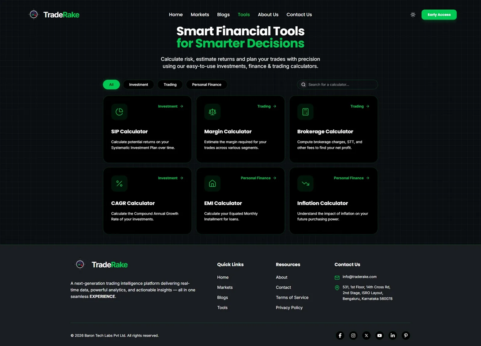 TradeRake tools page with category tabs, search and calculator cards