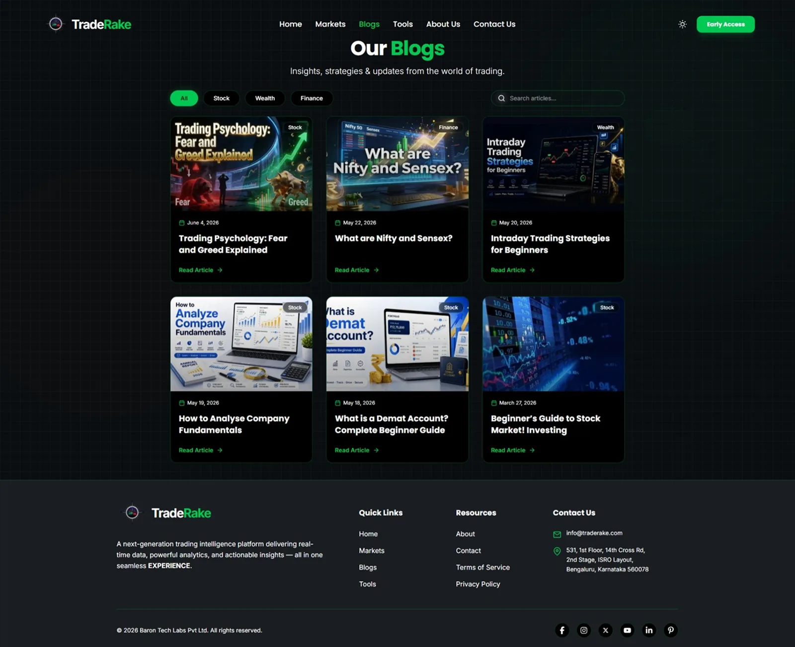 TradeRake blogs page with category tabs, search and article cards