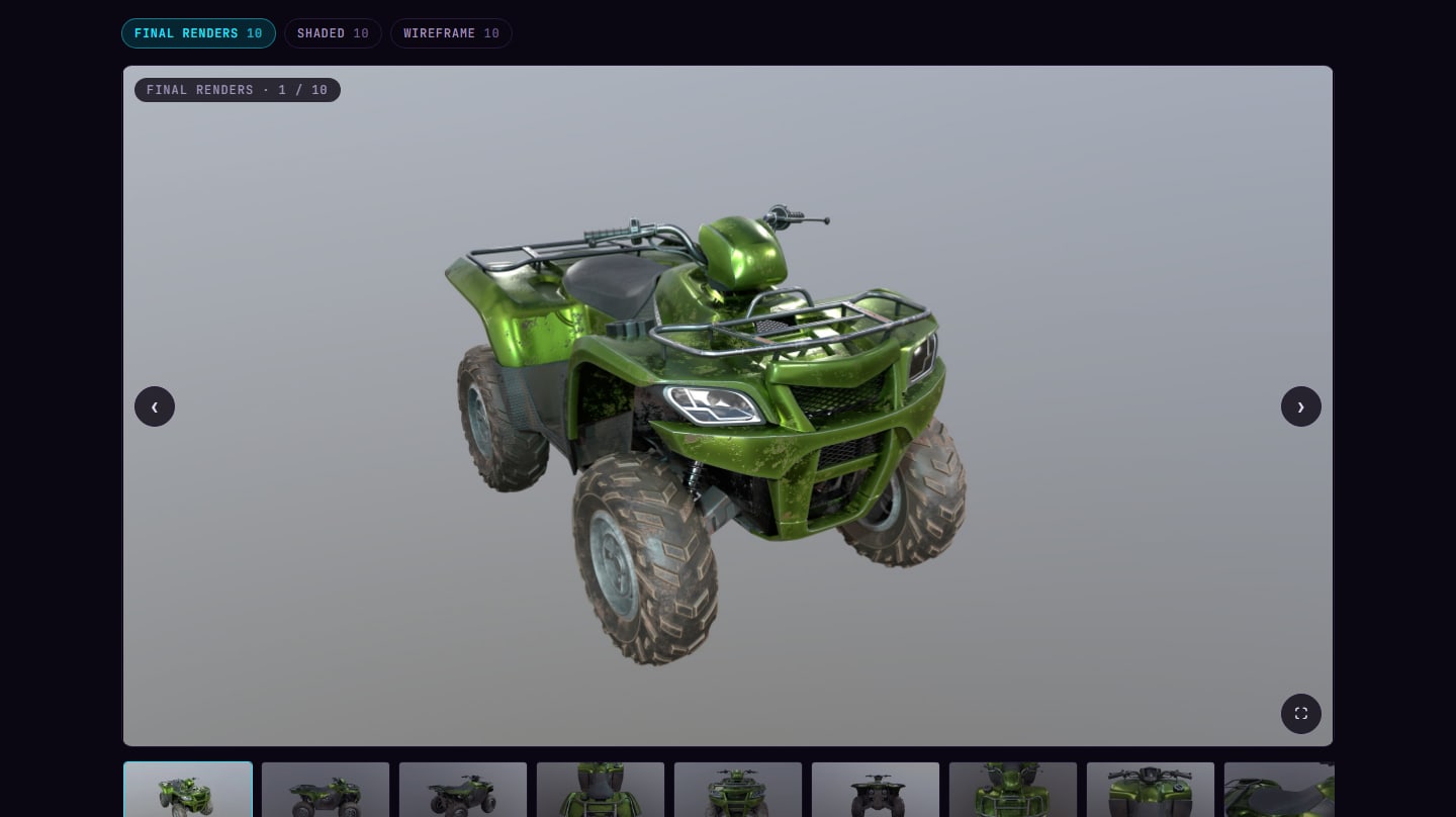 Render viewer with tabs for final, shaded and wireframe renders and a thumbnail strip